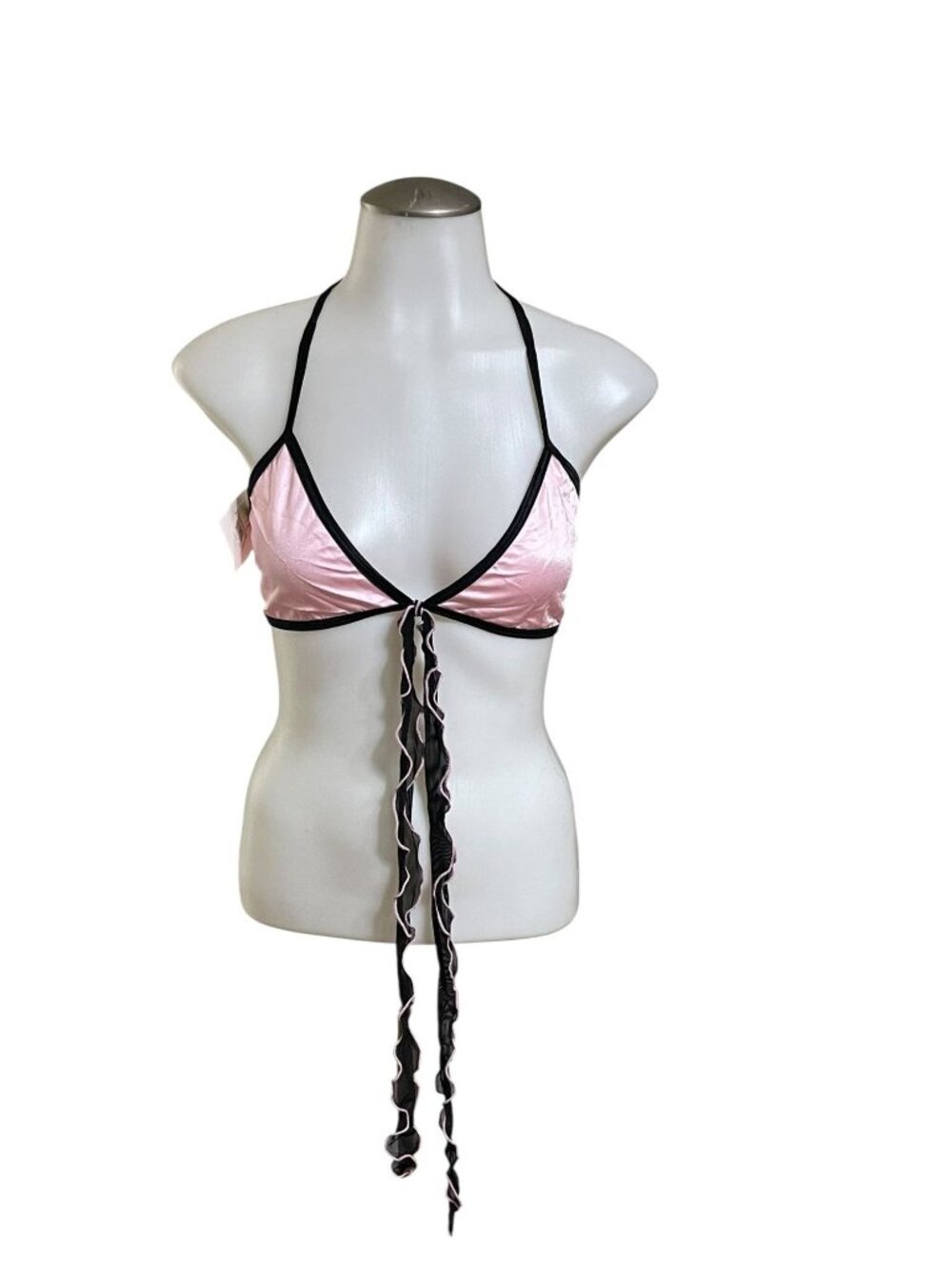 BodyZone Pink & Black Triangle Casual Top Ruffled Tie Front Shimmery Finish Halt